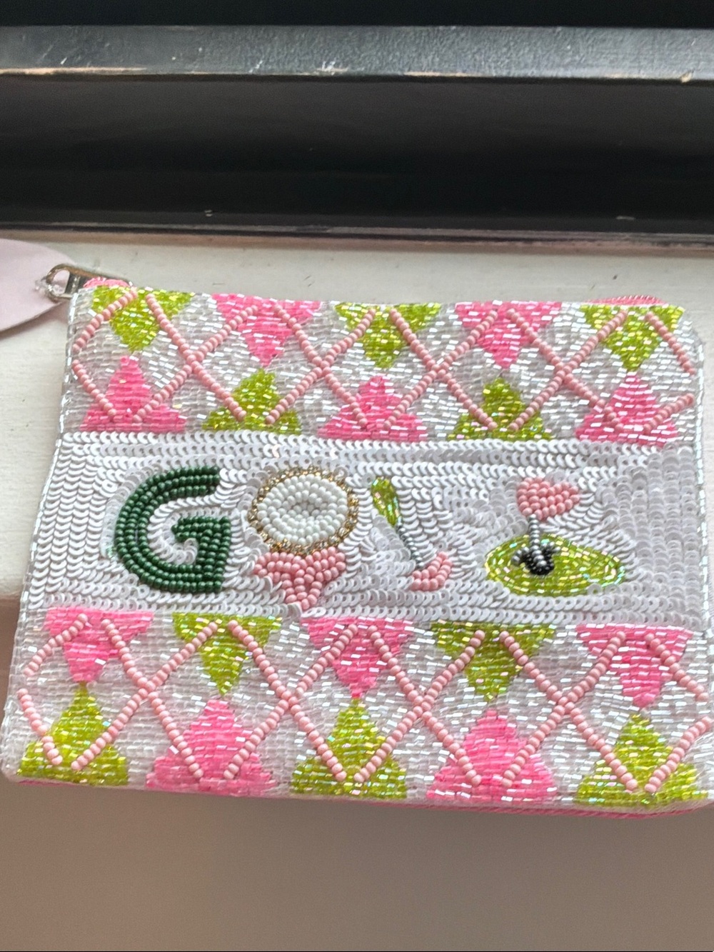 Beaded White Pink Green Golf Wristlet Clutch